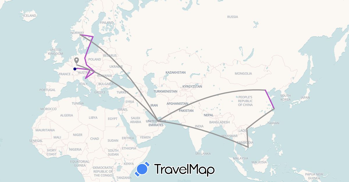 TravelMap itinerary: driving, plane, train in United Arab Emirates, Austria, China, Czech Republic, Germany, France, Croatia, Hungary, Norway, Sweden, Vietnam (Asia, Europe)
