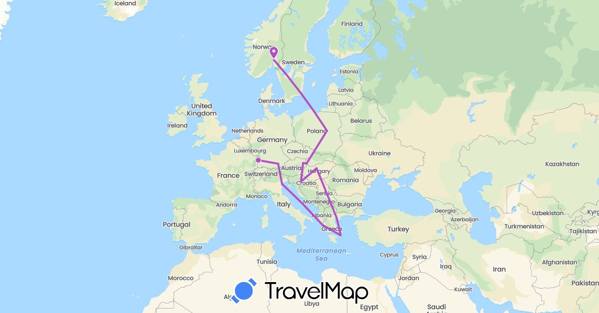 TravelMap itinerary: train in Austria, Germany, France, Greece, Croatia, Hungary, Italy, Norway, Poland, Slovakia (Europe)