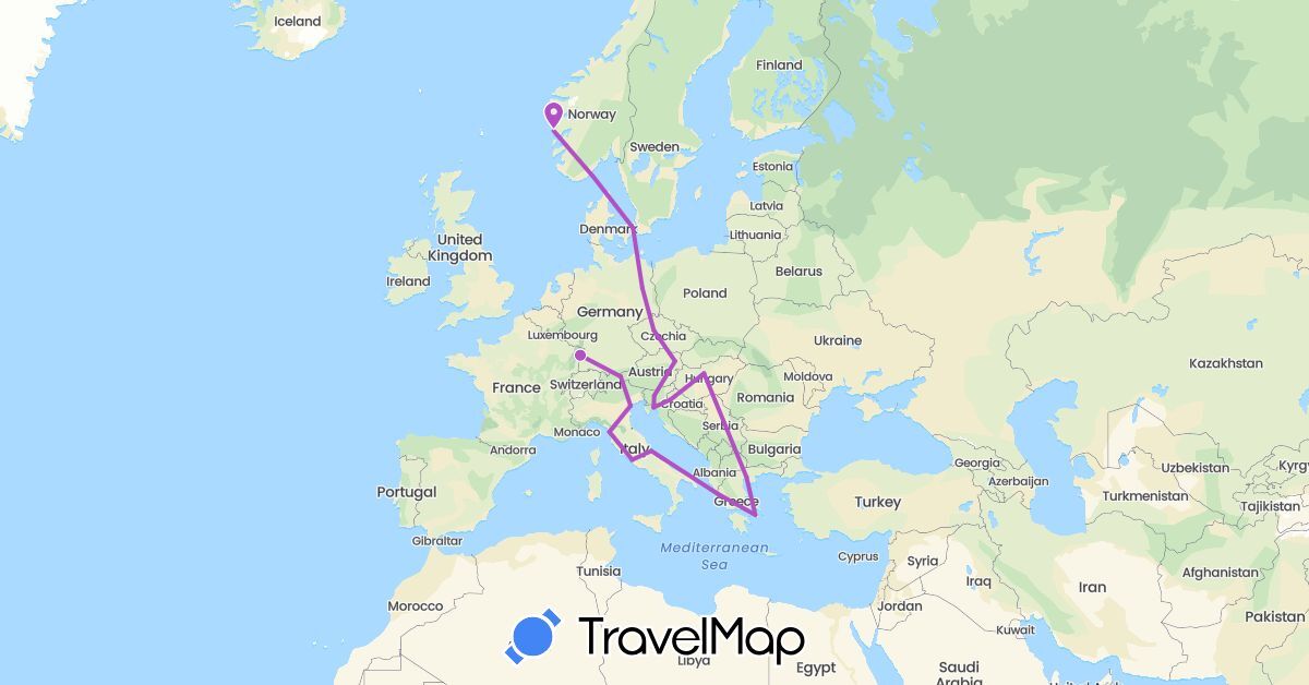 TravelMap itinerary: driving, train in Austria, Czech Republic, Germany, Denmark, France, Greece, Croatia, Hungary, Italy, Norway, Slovenia (Europe)