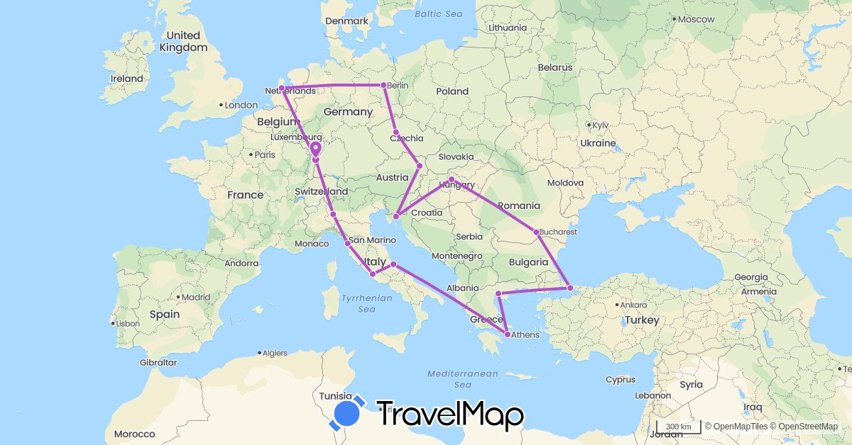 TravelMap itinerary: train in Austria, Czech Republic, Germany, France, Greece, Croatia, Hungary, Italy, Netherlands, Romania, Turkey (Asia, Europe)